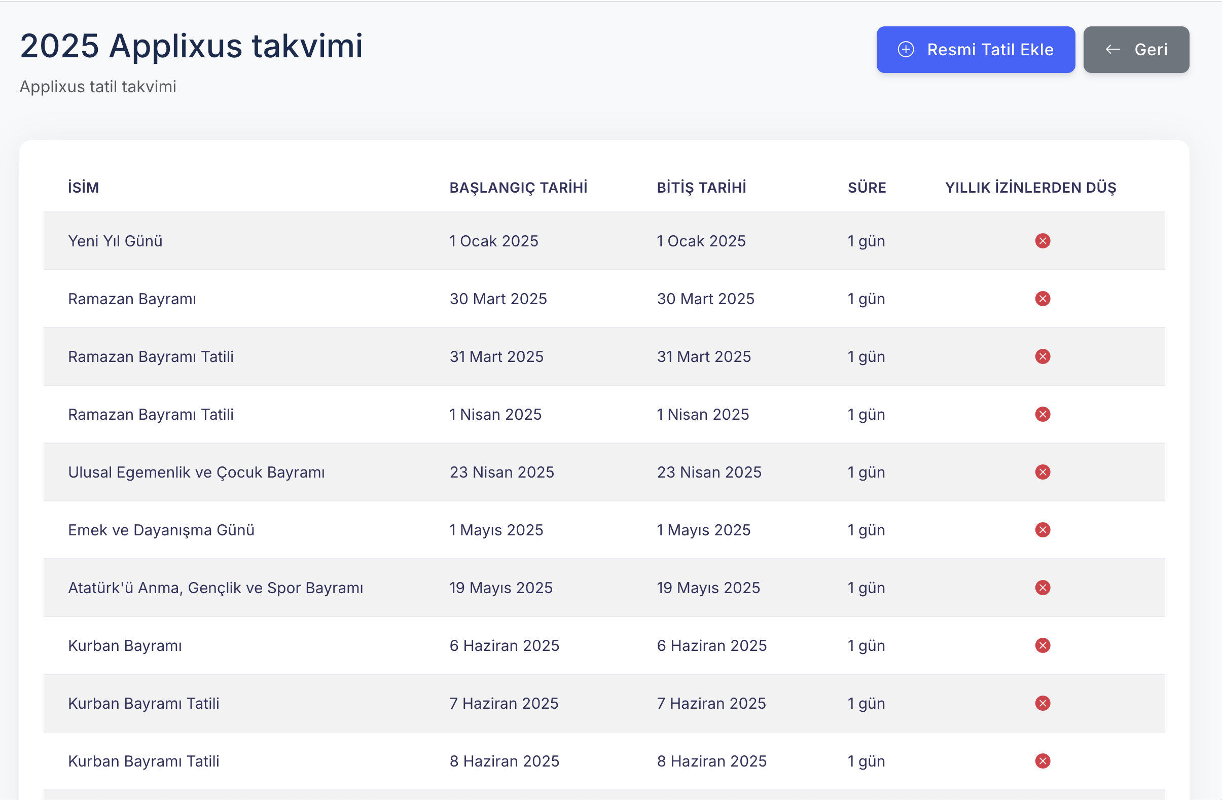 Takvim ve Tatil Yönetimi